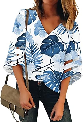 Majica bluza za djevojke Jesen Ljeto 3/4 rukava duboki V izrez Grafički ispis cvjetna mreža za patchwork bluza BW BW