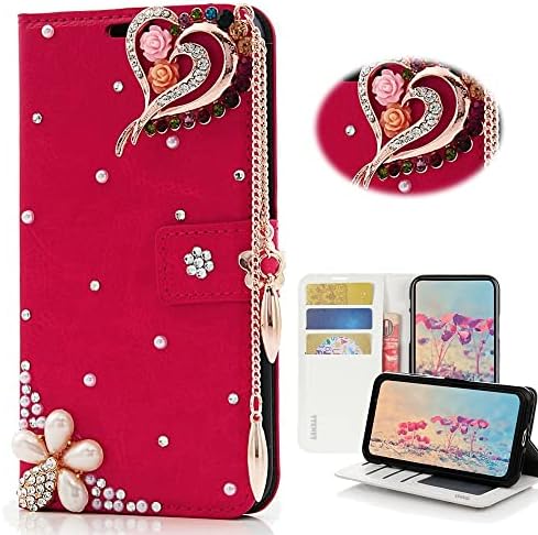 STENES Bling Wallet futrola za telefon kompatibilna sa Moto G Play-Stylish - 3D ručno rađena djevojka za žene Crown Heart Design Magnetic Wallet Stand kožna navlaka - Crvena