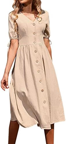 Miashui v haljina sa izrezom za žene ženske jednobojne dugmad sa V izrezom kratke rukave srednje dužine Summer