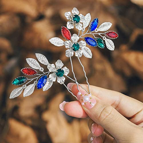 Campsis Wedding Bride igle za kosu Silver Flower Crystal Bridal Hair Accessories Leaf Alloy Flower Hair Pieces for Women and Girls Pack of 2