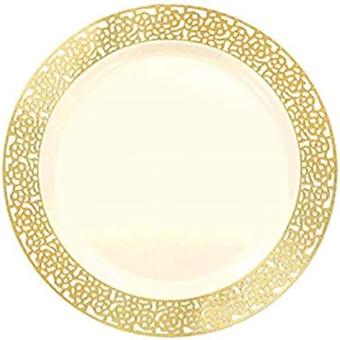 Premium plastične okrugle ploče | Krema sa zlatnim čipkama | 7.5 | 20 ct. | Snabdijevanje zabavama