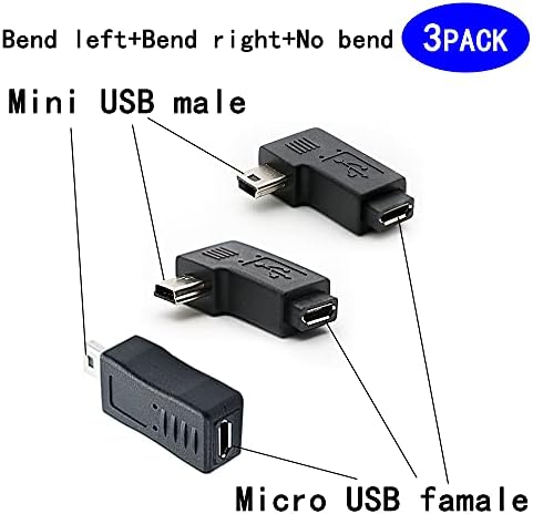 RGZHIHUIFZ MINI USB do Micro USB adaptera, USB 2.0 utikač adaptera, 90 stupnjeva ulijevo i desni ugao Mini USB muški za mikro USB ženski konektor 3-paket