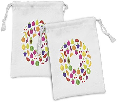 Ambesonne voćna tkanina torba od 2, ukusan krug crtanog prirodne organske hrane na običnom pozadini, male torbe za vuče za toaletne potrepštine maske i usluge, 9 x 6, višebojni