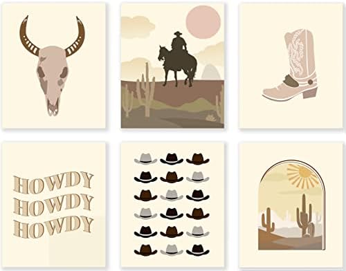 Boho Zapadna soba, 6 kom. Bull lubanja kaubojski šešir Kaktus Boho Preppy Wall Art Poster Print Decor, Cowboy Hat Cowgirl Boot Bull Longhorn Highland Cowland Cowland