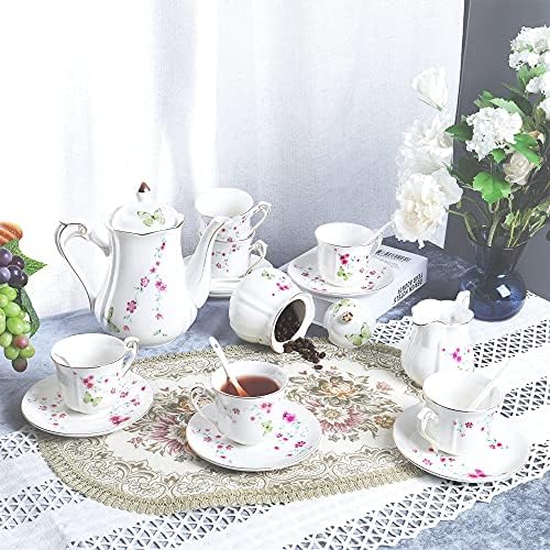 Fanquare 21 komad Porculan čaj za odrasle, servis za kafu za 6, beli čaj set sa ružičastim cvjetovima, zelenim