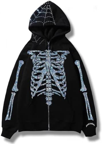 Žene Y2K skelet Zip up houderhie rhinestone tamna akademija gotička grafička dukserica Grunge punk estetska jakna Halloween