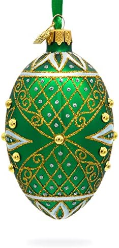 Bijela zvijezda sa draguljima na Zelenom staklenom ukrasu od jaja 4 inča