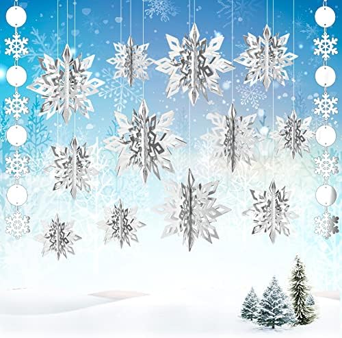 Smrznuta 3D viseći ukras za snježne pahulje, 15pcs Julmelon Snowflakes Garland Silver Snow pahulje za zimske dekore za čudeze zamrznuti snježni pahulji rođendani