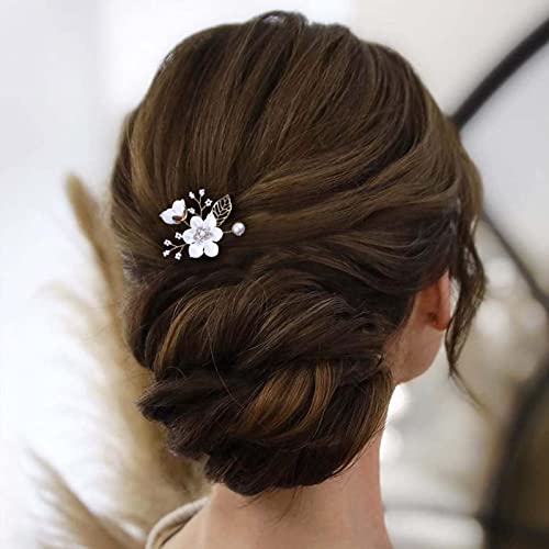 Zeshimb Wedding Crystal Hair Pins Bride Pearl hair Pin Rhinestone Flower Hair Barrette Gold CZ
