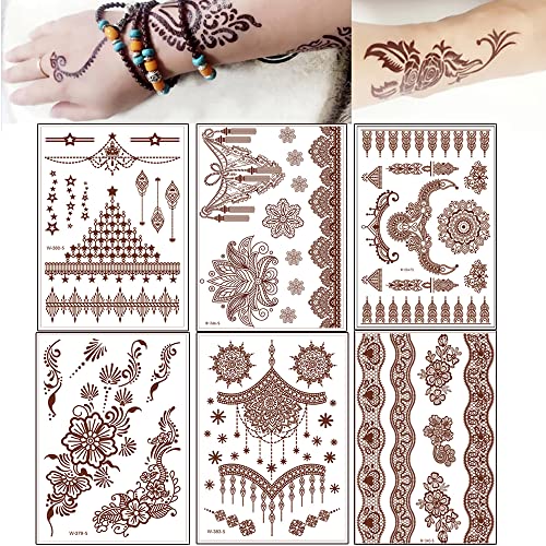 6 listova crvenkasto smeđe čipkaste naljepnice za tetovažu, vodootporni komplet za tetovažu kane, misteriozne seksi mandale cvijet privremene tetovaže za žene svečana zabava Hanna Indijska naljepnica za tetovažu