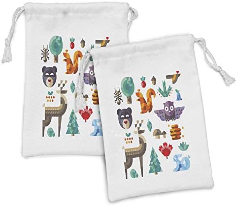 Ambesonne Bunny tkanina torbica Set od 2, Vesela Poli Art stil životinje Owl Bear Bunny Apple Dear dizajn, mala torba na vezice za maske i pogodnosti toaletnog pribora, 9 x 6, višebojna