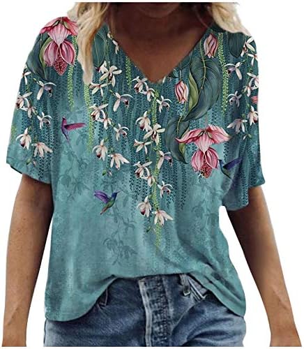 QXUAN T majice za žene plus veličine kratkih rukava cvjetna bluza za bluzu Ljetna tunika vrhovi za