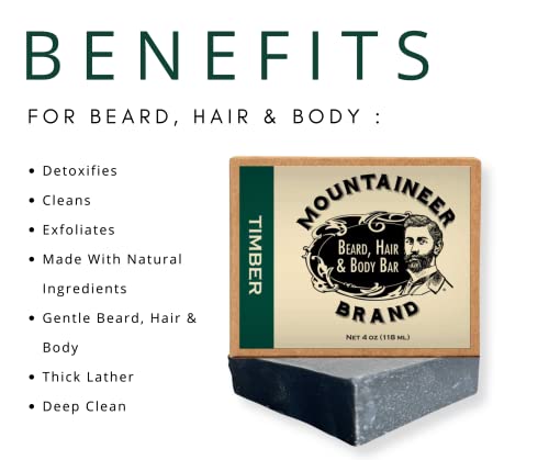 Mountaineer Beard, Hair and Body Bar | muški Bar sapun i za žene / sav prirodni šampon za bradu i regenerator | sredstvo za pranje lica | piling za tijelo | za osjetljivu kožu | ručno izrađen drveni miris 4oz