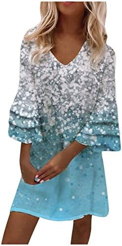 Nokmopo Midi suknje za žene Ženski modni temperament Elegantni ispisani V-izrez 3/4 rukava mini haljina