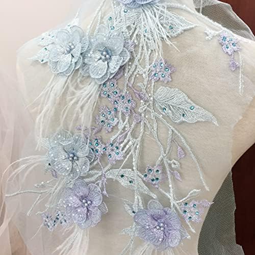 Pumfabrična čipka za vjenčanje 2 komada Lilac Rhinestone Pearl perla 3D cvijet čipka appique nojher feather