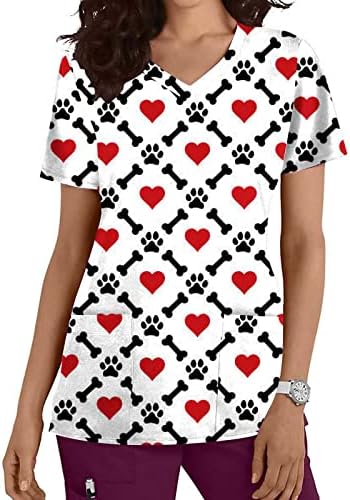 Žene Radne uniforme T-Shirt Valentines Print kratki rukav pulover V-izrez vrhovi sa džepovima srca grafički