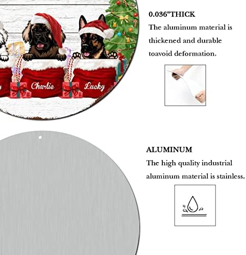 Sretan božićni vijenac potpisuje prilagođeno ime za pse Happy Holiday Wood Zro okrugli metalni limeni znak Božićni unutarnji ukrasi u neposrednoj blizini gardera za kućne kuhinjske zidne kuće za odmor 9 inčni