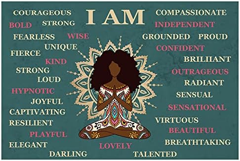 Nojioder Afroamerička Yoga Girl zidni dekor Ja sam crne žene inspirativne riječi Poster meditacija afirmacije Izreke platno Print za uredsku spavaću sobu Neuramljena 18x12 inča 18x12inch