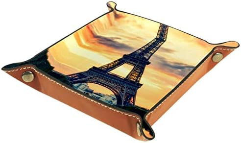 VBFOFBV valet ladica, PU kožni ulov, organizator ladice, kutija za odlaganje za saglede nakit kovani ključ, Eiffelov kula zalazak sunca Pejzaž Pariz