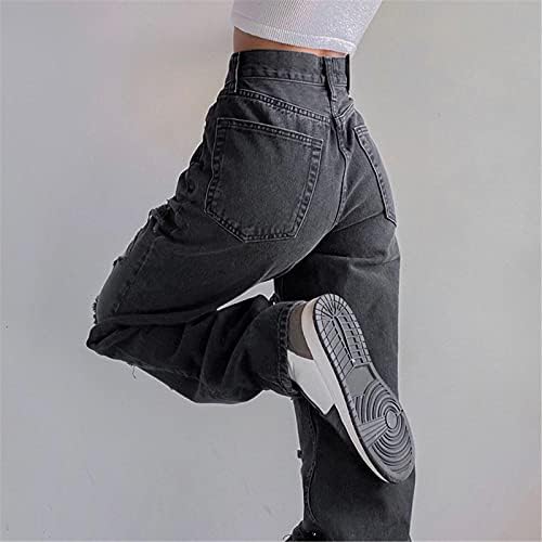 Miashui ženske dizajnerske pantalone tanke farmerke ženske pantalone džepni visoki traper struk rupa jesenji dizajner široke nogavice za žene