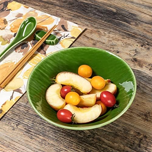 Unicasa 38oz Velika japanska zdjela Ramen sa štapićima, kašikama i štandovima, keramičkim rezancima set od 2 za Udon, Pho, Sobi, salatu i supu - Reaktivno zastakljeno svjetlo zeleno