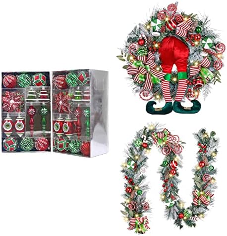 Valery Madelyn Crvena zelena bijela božićna vrijednost Bundle 50ct Božićni kuglični ukrasi + 30 inčni božićni vijenac + 9 stopa božićni vijenac