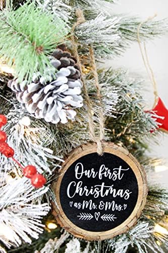 AuldHome prvi oženjen Božić ukrasi ; drvo Slice tabli stil rustikalni odmor dekoracije za mladence i vjenčanje poklone