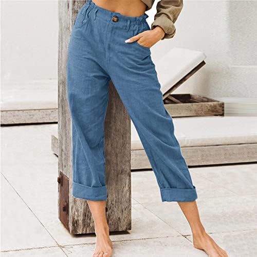 Ženske pamučne posteljine kapri hlače, ljeto odijevanje casual širokoj nozi palazzo joga capris ravne prednje pantalone sa džepovima