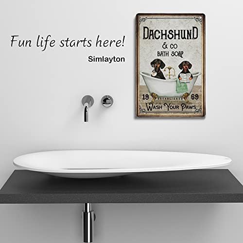 Zidni dekor - Limeni znak, smiješni uzorak psa jazavčara - upotreba kupatila, Vintage Stil - upotreba
