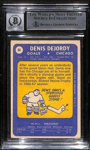 66 Denis Dejordy - 1969 TOPPS hokejaški karte BGS Auto 10 - Kartice za autograme na hokeju