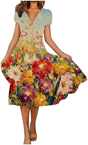 Miashui ljetne haljine casual dugački ženski povremeni ispis labavi V izrez kratki rukav ugodan elegantni