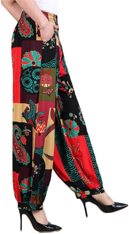 UKTZFBCTW Elegantna mama Proljeće Ljeto tiskanje pamučne svile casual ženske hlače Etni stil Hlače velike veličine