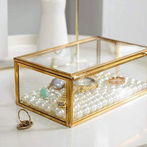 Msreck Vintage Zlatno staklo Pokrećene kutije za rub Organizator nakita, mesing Veliki čist pravokutnika, ukrasne kutije, 8x4,5x2in