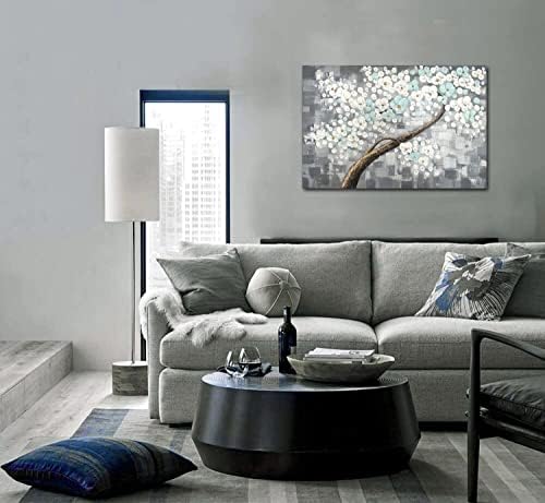 Cvjetna slika bijelo plavo siva ručno obojena 3d teksturirana zidna umjetnost od cvjetnog platna uokvirena