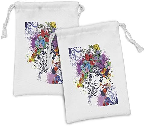 Lunadljiva cvjetna tkanina torba od 2, ženska portretna frizura s cvjetama ruža Poppies Grunge