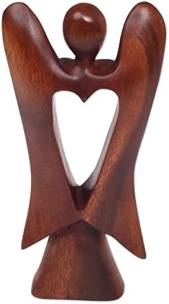 Novica Handmade Curbled Brown Wood Heart Ember figurica skulptura, srce anđela '