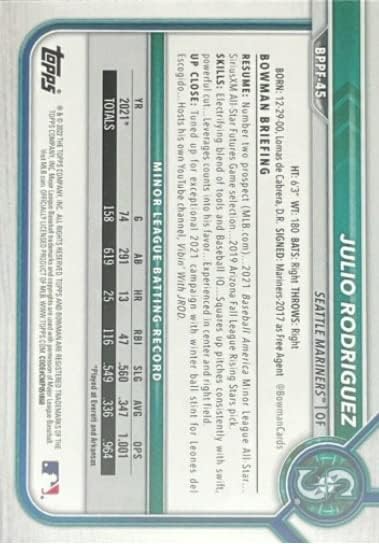 2022 Bowman izgledi 1. prvo izdanje - Julio Rodriguez - Seattle Mariners Baseball Rookie RC kartica # BPPF-45