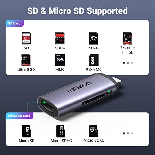 UGREEN čitač SD kartica USB C, 2-u-1 Čitač Micro SD memorijskih kartica SD SDHC SDXC MicroSD UHS-I kompatibilan