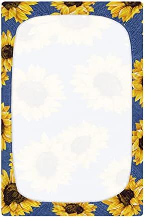 Alaza Sunflower Yellow Cvjetni cvjetni plavi listovi krevetića ugrađeni bassinet list za dječake Djevojke za djecu, standardne veličine 52 x 28 inča