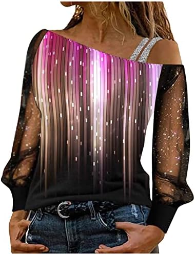 Žene modne majice s dugim rukavima s ramena na vratu na ramenima Šareni ispisani pulover Sheer casual bluze proljeće