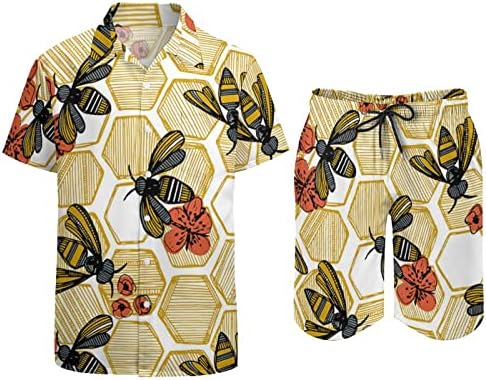 Weedkeycat Bee Hexagon Haive Muška odjeća za plažu 2 komada Havajska gumba dolje majica kratkih rukava