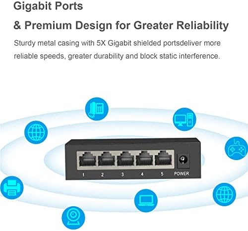 IENRON 5 portovi Gigabit mrežni prekidač, podržani radne površine ili zidni utikač i reproduciraj sa AI Detection Nepravedinom mrežnom prekidačem Ethernet razdjelnika u metalnoj kućici, crveni / crni