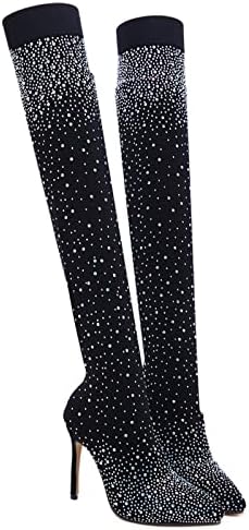 HCJKDU Ženske bedrene plijene preko koljena šiljastim čizmama, modni rinestoni elastični platni čizmi sa 11cm Stilettos