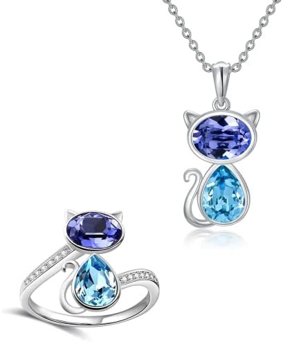 Aoboco nakit za mačke od srebra, plavo ljubičasti kristal iz Austrije, divno mačje mačiće mačka podesivi otvoreni prsten/ogrlica, pokloni za mačke za mačke, pokloni za mačji nakit za dame Annive