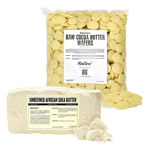 Sheanefit Raw Cocoa Butter Wafers 5LB & amp ;Raw Nerafined Ivory Shea Butter 5 lb Bar Bundle Set