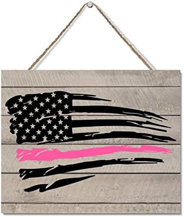 Prilagođeno drvo znak ružičaste vrpce Biće jaka podrška Viseći znak 8x10in Rak dojke Američka zastava ružičaste