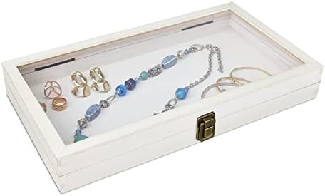 Mooca Wood Glass Top nakit Prikaz kutije za odlaganje kutije za odlaganje s metalnom kopčom, drvena posuda za nakit za kolekcionarstvo, kućna organizacija, pranje bijele boje