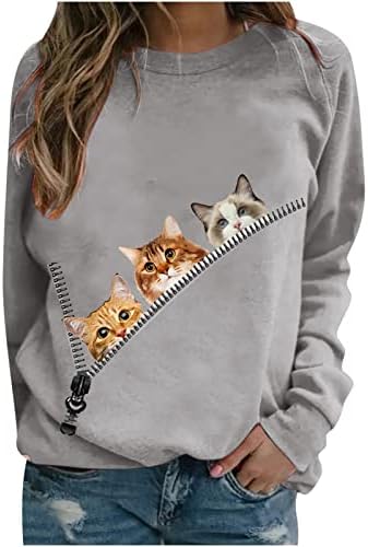 Fanteecy ženske 3D mačke tiskane majice s dugim rukavima Crewneck casual pulover mačka u patentnim