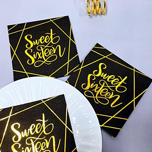ChangCao50Pes crno-zlatna folija Sweet Sixeen Koktel salvete 16. rođendan Ukras za piće Sweet 16 rođendanski