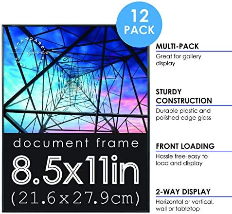 Standardna roba kućni dekor 8, 5x11 inčni prednji okvir za učitavanje dokumenta, 12-pakovanje crne boje za zid ili sto, horizontalni ili vertikalni ekran